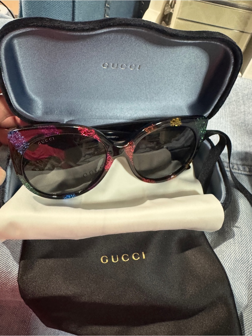 Gucci Women's Black Sunglasses with Multicolor Glitter Accents cateye Pride like